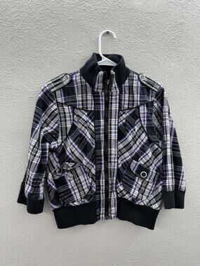 I.Q. Authentic Brand Womens Jacket Large Purple Plaid 3/4 Sleeve Zip Up Y2K